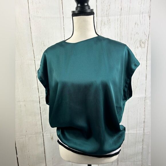 Express Green Emerald Satin Blouse Top Elastic Striped Bottom - Picture 1 of 9